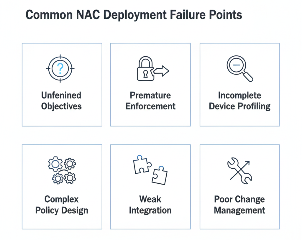 Infographic showing common failure points in NAC deployments